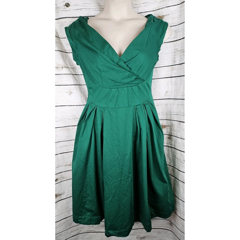 Emily & Finn Florence Midi Dress XL Green Fit & Flare Pockets Pleated Retro